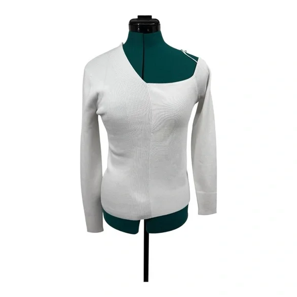 Lauren Ralph Lauren White One Shoulder Long Sleeve Ribbed Knit Top - Picture 3 of 7